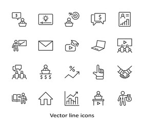 Set of Business Training Related Vector Line Icons. Contains such Icons as Teacher, Class, Presentation, Video, Book, Mentoring, Target and more. Editable Stroke. 32x32 Pixels.