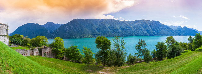 Sightseeing at the beautiful landscape of lake Idro Rocca d'Anfo Italy, ruins of a old bunker...
