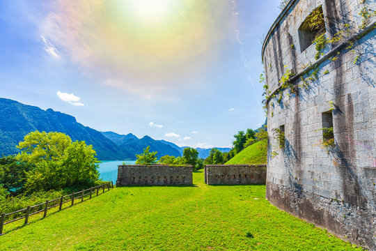 Sightseeing at the beautiful landscape of lake Idro Rocca d'Anfo Italy, ruins of a old bunker