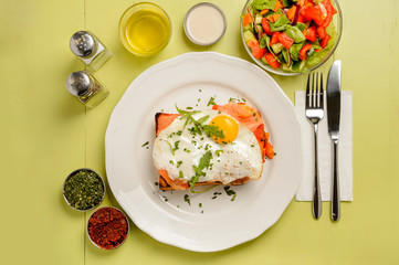 Delicious breakfast. Toast with salmon, egg, salad and spices on a green background