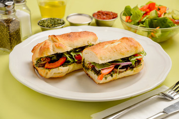 Vegetarian mushroom sandwiches with tomatoes, herbs and salad. Healthy eating concept