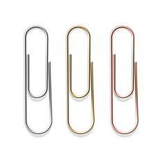 Realistic metal paper clips gold steel and bronze.