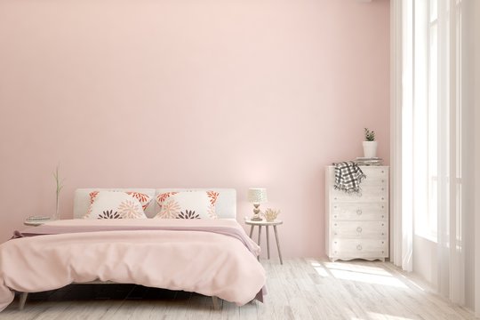 Stylish bedroom in pink color. Scandinavian interior design. 3D illustration