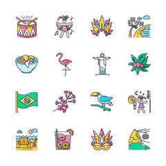 Brazilian carnival pink RGB color icons set. Street party. South America traditions. Flamingo. Jesus statue. National holiday. Local culture. Sand castle on the coast. Isolated vector illustrations