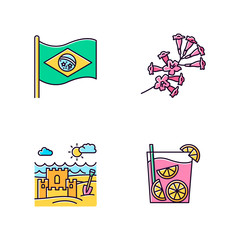 Brazil pink RGB color icons set. National flag. Plumeria. Caipirinha. Sand castle on the coast. Ip? tree. Traditional cocktail. Ocean beach. Isolated vector illustrations