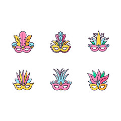 Masquerade masks yellow RGB color icons set. Traditional headwear with plumage. Ethnic festival. Brazilian national holiday. Isolated vector illustrations