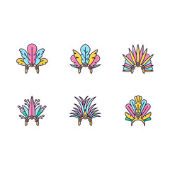 Brazilian carnival hat yellow RGB color icons set. Crown with plumage. Traditional headwear. Ethnic festival. National holiday. Masquerade parade. Isolated vector illustrations