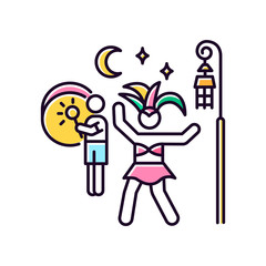 Samba pink RGB color icon. Brazilian carnival in night. Dancing lady in national costume. Ethnic festival. Man playing music on drum. Traditional music. Isolated vector illustration