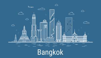 Bangkok city line art Vector illustration with all famous buildings. Cityscape. - obrazy, fototapety, plakaty