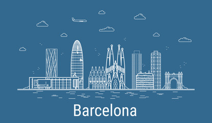 Barcelona city, Line Art Vector illustration with all famous towers. Linear Banner with Showplace. Composition of Modern buildings, Cityscape. Barcelona buildings set. - obrazy, fototapety, plakaty