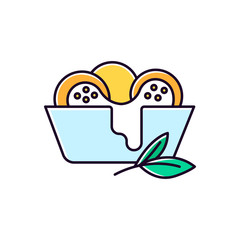 Naklejka premium Cheese bread blue RGB color icon. Arancini. P?o de queijo. Brazilian traditional food. National cuisine. Bakery product with leaves. Brazil meal. Isolated vector illustration