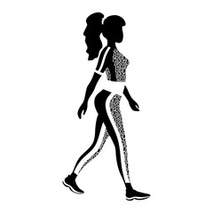 Walking woman silhouette. Slender young girl in trendy sportswear. Black figure with white details. Flat vector illustration.