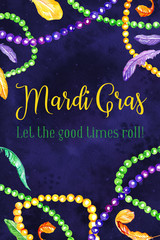 Composition for Mardi Gras. Beads and feathers. Hand drawn watercolor illustration. Title in French Fat Tuesday