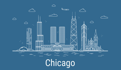 Naklejka premium Chicago city, Line Art Vector illustration with all famous towers. Linear Banner with Showplace. Composition of Modern buildings, Cityscape. Chicago buildings set.