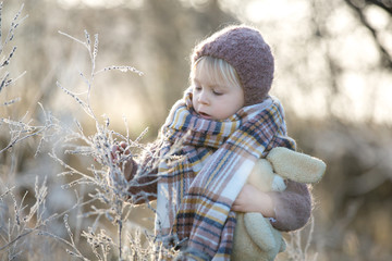 Beautiful toddler boy, dressed in knitted outfit with hat and scarf, playing in frosty morning...