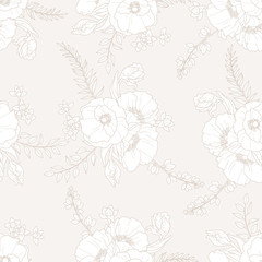 Vector beige outline seamless floral pattern on the cream background