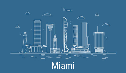 Naklejka premium Miami city, Line Art Vector illustration with all famous buildings. Linear Banner with Showplace. Composition of Modern buildings, Cityscape. Miami buildings set.