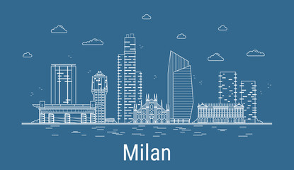 Obraz premium Mediolan miasto, ilustracja wektorowa sztuki linii ze wszystkimi słynnymi wieżami. Baner liniowy z Showplace. Kompozycja nowoczesnych budynków, pejzaż miejski. Zestaw budynków w Mediolanie.