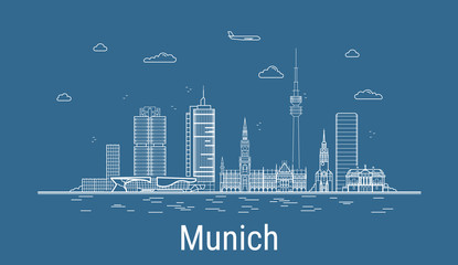 Munich city, Line Art Vector illustration with all famous buildings. Linear Banner with Showplace. Composition of Modern cityscape. Munich buildings set. - obrazy, fototapety, plakaty