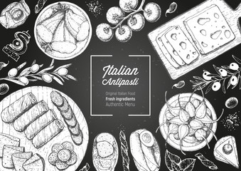 Italian food top view. A set of Italian Antipasti. Food menu design template. Vintage hand drawn sketch vector illustration. Engraved image