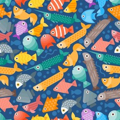 Simple flat style fish seamless pattern, vector illustration. Background with abstract colorful sea creatures, aquarium fish icon. Wrapping paper, fabric print design. Underwater fish geometric shapes