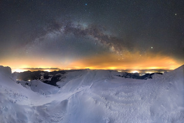 Starry night sky panorama, Milky way galaxy with stars and space dust in the universe, winter...