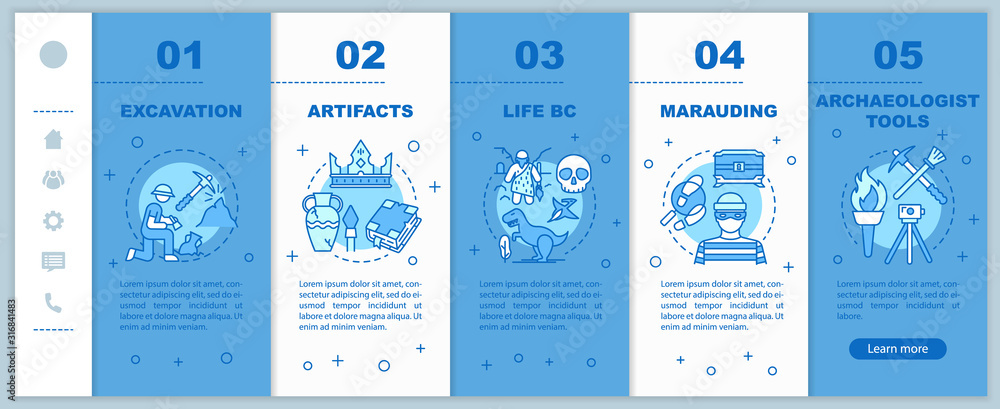 Poster archeology onboarding mobile web pages vector template. historical research. responsive smartphone w