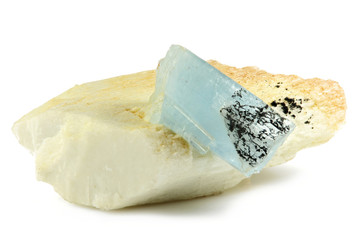 aquamarine with black tourmaline on feldspar from Erongo Region, Namibia isolated on white background