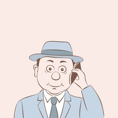 Vector illustration portrait attractive men,a man in a hat with a phone,cartoon design.