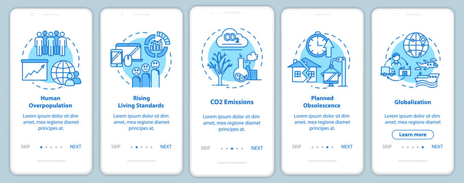 Overconsumption onboarding mobile app page screen with concepts. Globalization, overpopulation. Consumerism walkthrough 5 steps graphic instructions. UI vector template with RGB color illustrations