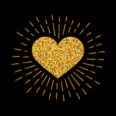 Heart with rays. Gold glitter. Vector Icon.