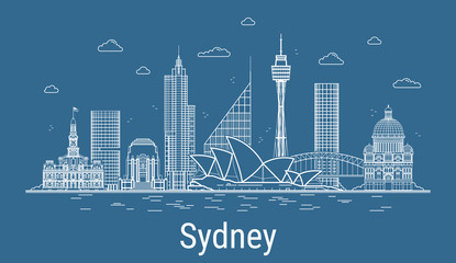Naklejka premium Sydney City, Line Art Vector ilustracji ze wszystkimi słynnymi wieżami. Linearny baner z showplace, wieżowcami i hotelami. Kompozycja nowoczesnych budynków, pejzaż miejski. Zestaw budynków Sydney.