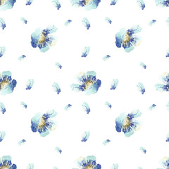 Seamless pattern of blue watercolor flowers on a white background. Use for wedding invitations, birthdays, menus and decorations.