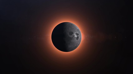 Full solar eclipse. The Moon mostly covers the visible Sun creating a gold diamond ring effect. 3d rendering