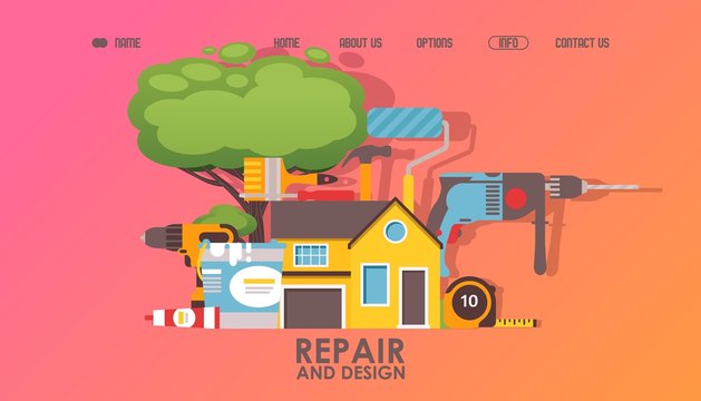 House repair service website design, vector illustration. Landing page template, building renovation company, home maintenance tools. Professional equipment for house repair, hardware store instrument