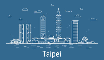 Obraz premium Taipei city, Line Art Vector ilustracji ze wszystkimi słynnymi wieżami. Linearny baner z Showplace. Kompozycja nowoczesnych budynków, pejzaż miejski. Zestaw budynków Taipei.