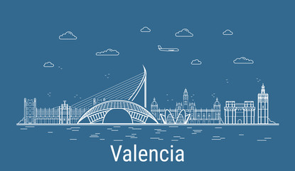 Valencia city, Line Art Vector illustration with all famous buildings. Linear Banner with Showplace. Composition of Modern cityscape. Valencia buildings set.