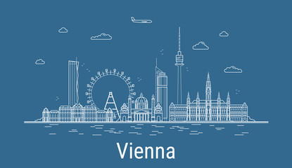 Naklejka premium Vienna city, Line Art Vector illustration with all famous buildings. Linear Banner with Showplace. Composition of Modern buildings, Cityscape. Vienna buildings set.