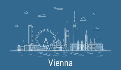 Vienna city, Line Art Vector illustration with all famous buildings. Linear Banner with Showplace. Composition of Modern buildings, Cityscape. Vienna buildings set.