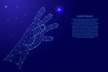 Hand try to reach something from futuristic polygonal blue lines and glowing stars for banner, poster, greeting card. Vector illustration.