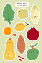 Super cute Stickers set - Winter Seasonal Fruits and Vegetables. Kale, Brussel sprout, Endives, Lemon, Orange, Pomegranate, Sweet potato, Pumpkin, Apple - smiley cartoon characters.