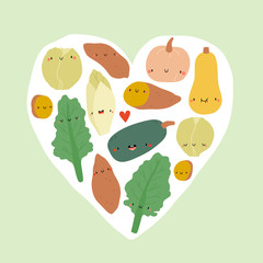 Cute seasonal Winter Vegetables in a heart shape. Kale, Sweet potato, Pumpkin, Brussel sprouts, Endives in a shape of heart. Food smiley characters in cartoon style.