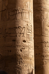 Karnak Temple, complex of Amun-Re. Embossed hieroglyphics on columns. Great Hypostyle Hall. Min  is an ancient Egyptian god. Luxor Governorate, Egypt.