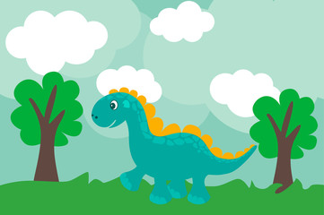 Cute cartoon dino in flat style outdoors.