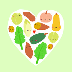 Cute vector seasonal Winter Vegetables in a heart shape. Kale, Sweet potato, Pumpkin, Brussel sprouts, Endives in a shape of heart. Food smiley characters in cartoon style.