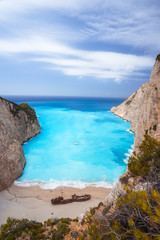 Fototapeta premium Epic view to Navagio beach with shipwreck on Zakynthos island in Greece