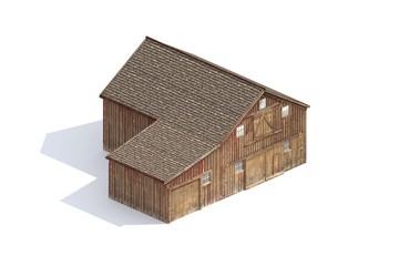 Red Wooden Barn 3d Model rendered on white background