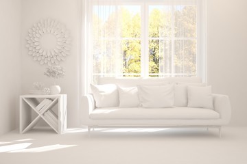 Mock up of stylish room in white color with sofa. Scandinavian interior design. 3D illustration