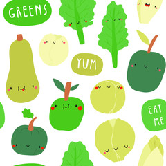 Super cute vector pattern with Seasonal Winter Fruits and Vegetables. Funny Food background in cartoon style. Winter green vegetables and green fruits.