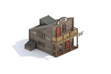 Wild West Bank Wooden 3d model Rendered on White Background